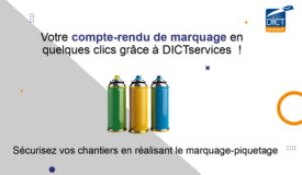 vignette de presentation pour l'article sur le compte-rendu du marquage piquetage desormais disponible sur la nouvelle application mobile DICTservices. logo DICTservices, votre compte-rendu de marquage en quelques clics grace a DICTservices, securisez vos chantiers en realisant le marquage piquetage; Bombe de peinture de couleur representant le marquage au sol