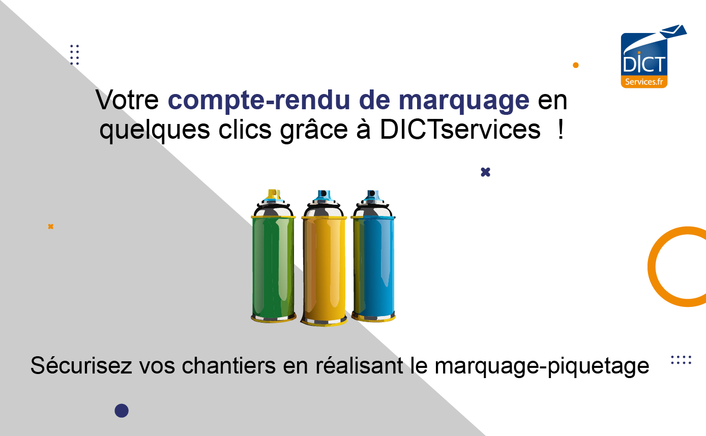 vignette de presentation pour l'article sur le compte-rendu du marquage piquetage desormais disponible sur la nouvelle application mobile DICTservices. logo DICTservices, votre compte-rendu de marquage en quelques clics grace a DICTservices, securisez vos chantiers en realisant le marquage piquetage; Bombe de peinture de couleur representant le marquage au sol