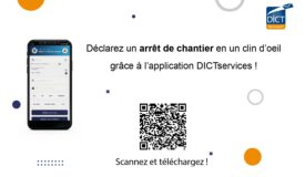 illustration article DICTservices application mobile mockup ecran DICTservices mobile logo DICTservices déclarez un arret de chantier en un clin d'oeil grâce à l'application DICTservices QR accès playstore